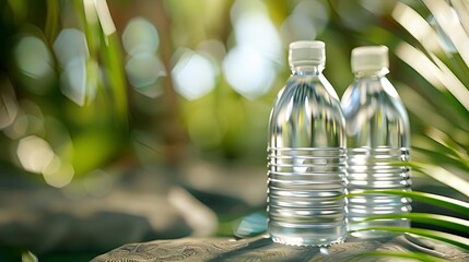 Two plastic water bottles on a rock in a natural setting.