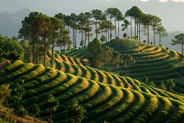 Fototapeta premium Scenic Terraced Fields with Pine Trees at Sunset - Landscape Photography for Wall Art, Calendars, Posters