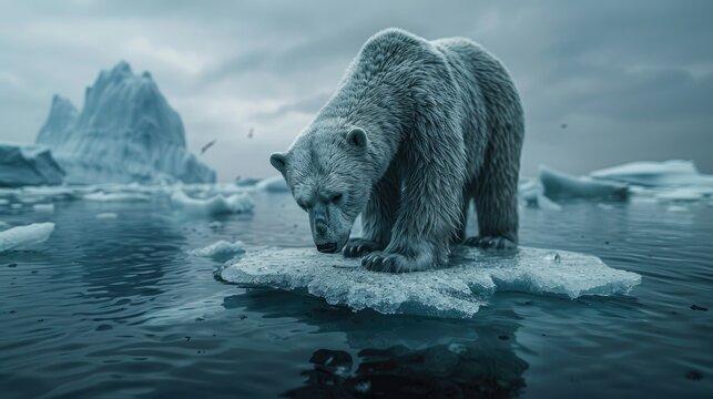 Polar bear struggling on a small piece of ice, symbolizing the dire consequences of Arctic ice melt.