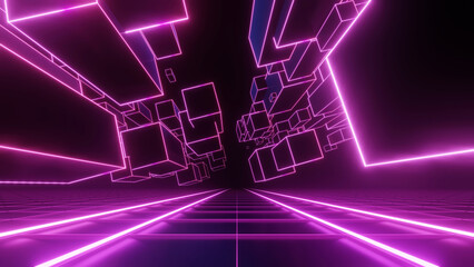 3d render, Neon pink speed light trail and floating cube with abstract highway patch, technology digital background concept.