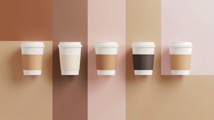 Five coffee cups with sleeves mockup against striped brown pink background. Coffeecups template...