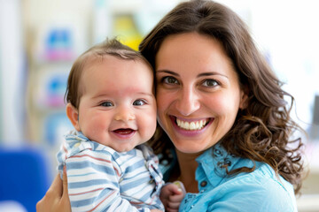 Joyful motherhood moment with smiling baby and happy mom