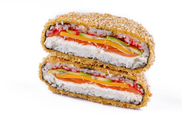 Homemade asian style gluten free sushi salmon burger close-up . Horizontal 1