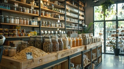 Stylish zero-waste store where customers buy products in bulk using their own containers, eliminating packaging waste.