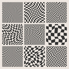 Trendy checkered pattern, black and white distorted tiled grid. Wavy curved backdrop, distortion effect. Funky geometric chessboard texture, retro background in 90s style, y2k. Vector illustration