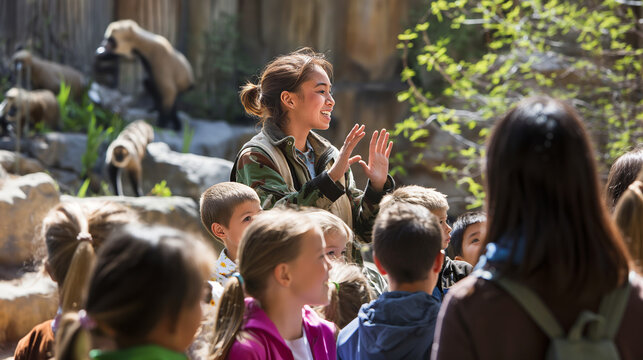 Teacher leading an excited class of young students on an educational field trip at the zoo