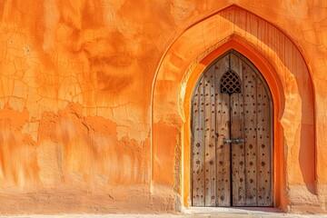 Traditional arched entrance with ancient wooden door in orange wall