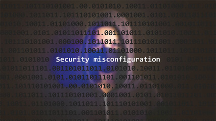 Security misconfiguration text in foreground screen, anonymous hacker hidden with hoodie in the blurred background. Vulnerability text in binary system code on editor program.