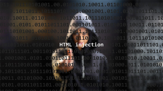 Cyber attack html injection text in foreground screen, anonymous hacker hidden with hoodie in the blurred background. Vulnerability text in binary system code on editor program. - Powered by Adobe