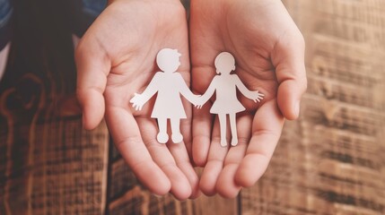 In this paper family cutout, adults and children hold hands, there is a family house, foster care, homeless charity support concept, mental health for the family, budgeting during the recession