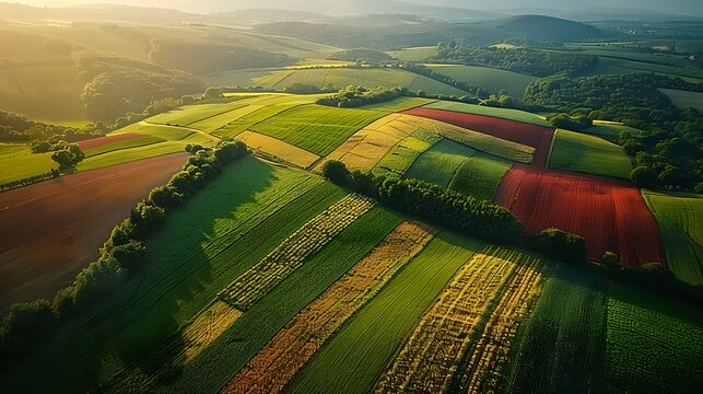 An artistic aerial view of farmland grid patterns, highlighting nature's symmetry. The fields form intricate geometric designs with varying colors and textures, creating a visually captivating 
