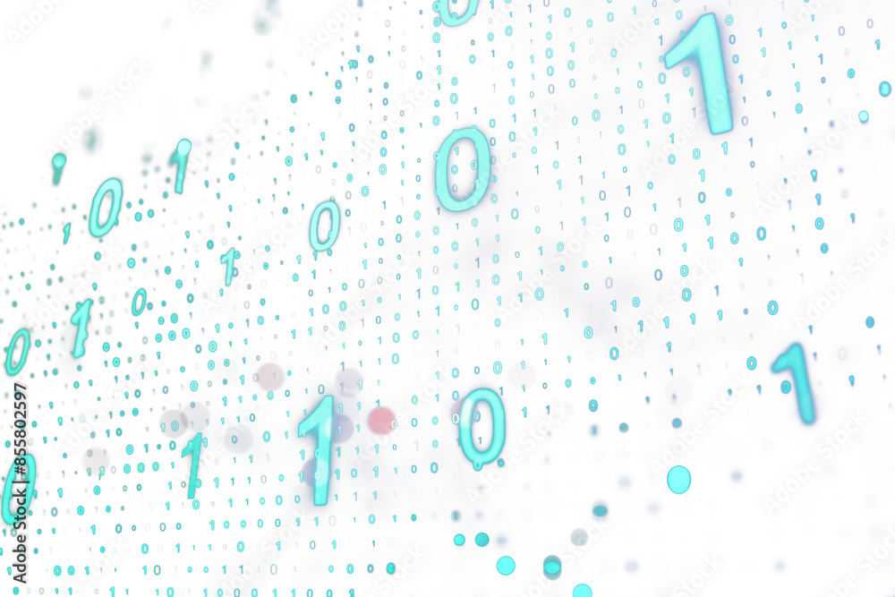 Poster Floating binary code numbers in cyan on a white background, representing digital data concept