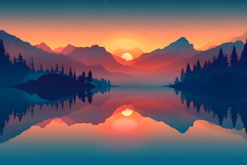 Obraz premium A majestic mountain range at sunrise, shades of blue and orange blending seamlessly, serene lake reflecting the scene, crisp shapes and smooth gradients