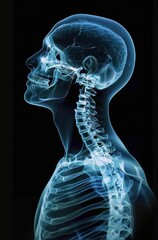 Xray of the human body, with visible bones and spine in blue color on black background. 