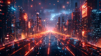 Fototapeta premium An artistic depiction of a futuristic digital grid on a dark cyberpunk cityscape. The city is filled with neon lights, towering buildings, and holographic advertisements, creating an immersive
