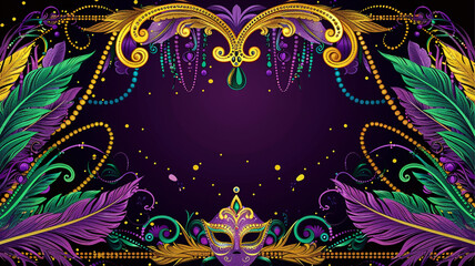 a border for a mardi gras event, feathers, masks, beads