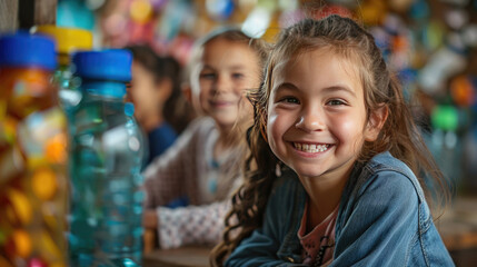 Portrait of children participating in a school project to create art from recycled materials, smiling and engaged.
