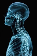 Xray of the human body, with visible bones and spine in blue color on black background. 
