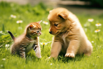 Obraz premium Cute cheerful furry kitten and puppy in a playful positive state. Charming purebred pets.