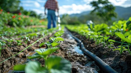 Farmers using drip irrigation systems in a dry area, showing water conservation techniques in agriculture.