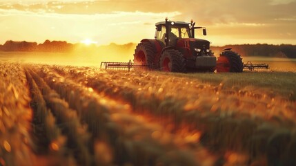 Fototapeta premium Tractor harvesting a golden wheat field at sunset, casting a warm glow over the scene and highlighting the agricultural landscape.