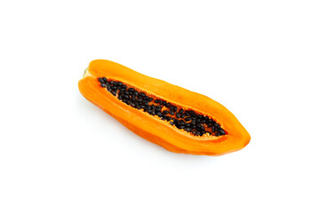 Ripe papaya fruit with cut in half  isolated on white background, Half of organic papaya fruit