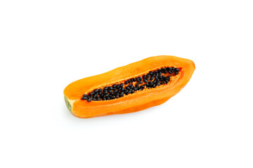 Ripe papaya fruit with cut in half  isolated on white background, Half of organic papaya fruit