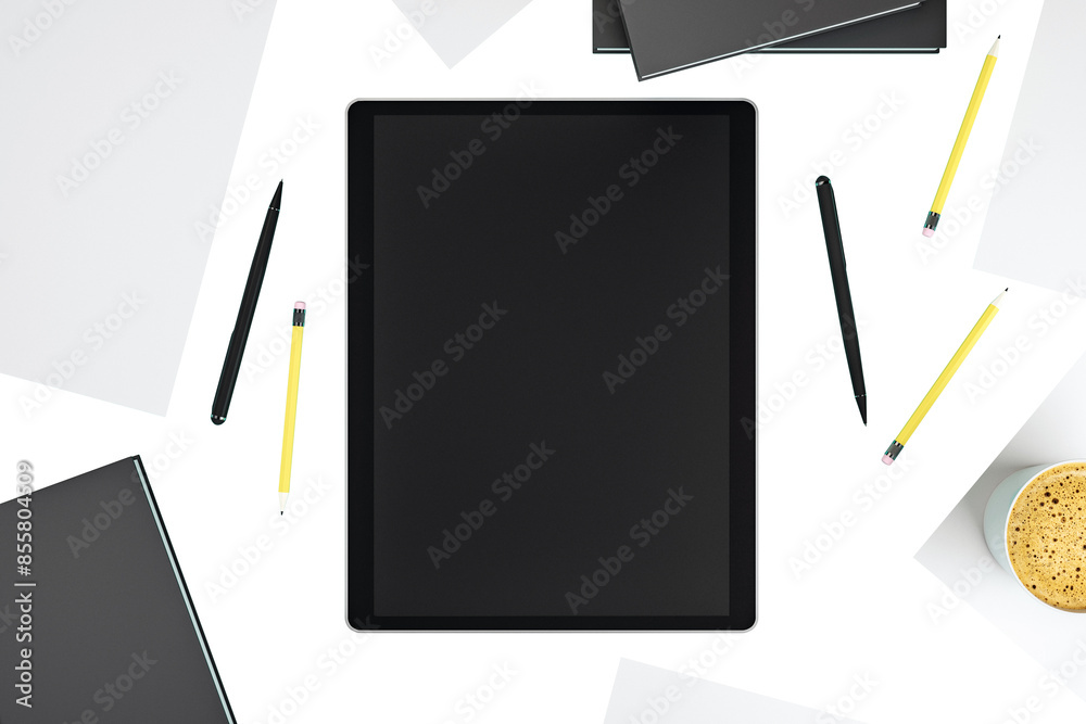 Poster A digital tablet with a blank screen surrounded by pencils and papers on a white background, concept of creative workspace. 3D Rendering