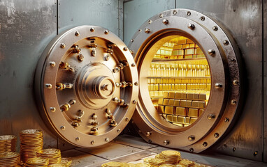 Open bank vault with golden walls and gold stacks.