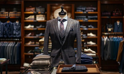 A mannequin dressed in a classic suit, displayed in a fine menswear shop with various items of clothing