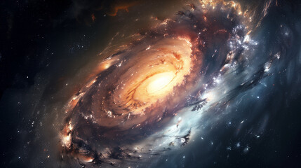 Spiral galaxy in infinite space. Impressive swirls and colorful explosions remind us of the power and majesty of the universe, engaging the viewer on a cosmic journey.