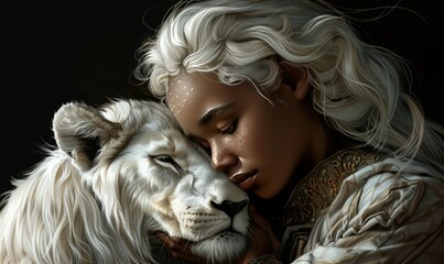 Charming young woman with albinism hugs an albino lion on a black background