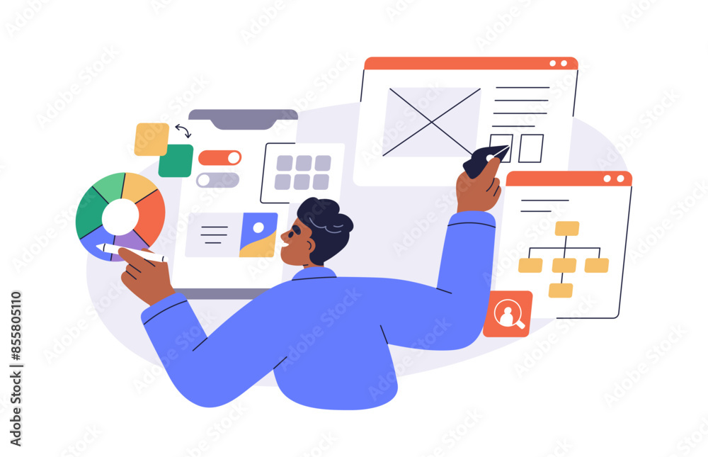 Fototapete UX UI designer. User experience, web interface design concept. Creating digital graphic layout, wireframe, visual elements for mobile app, sites. Flat vector illustration isolated on white background