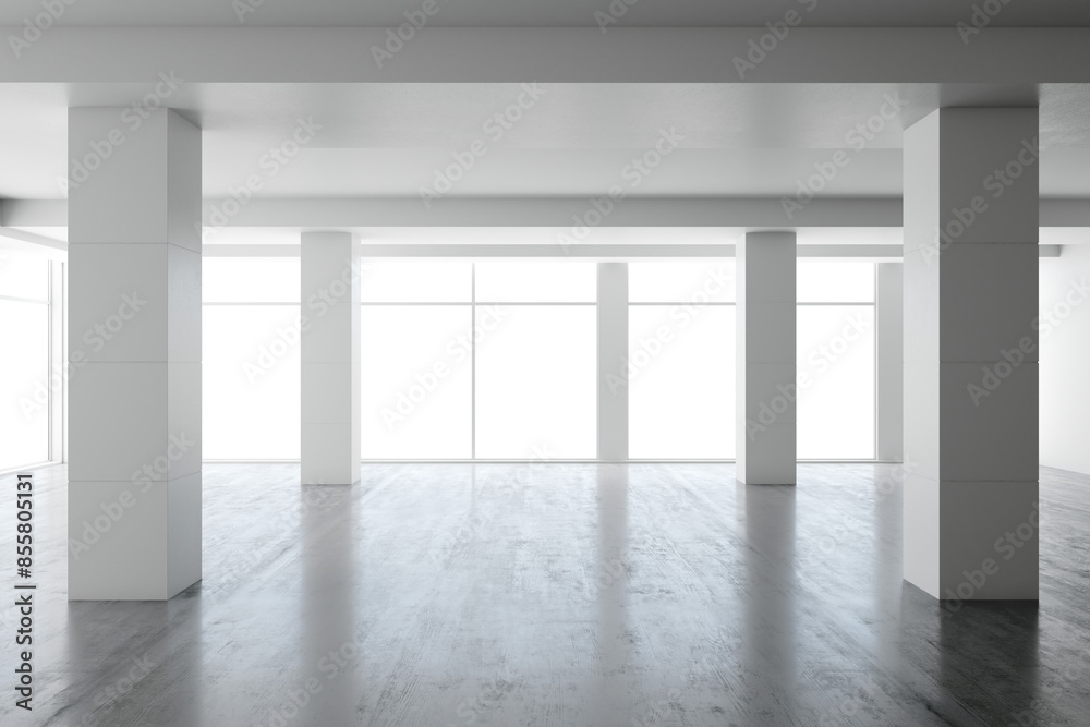 Poster An empty interior space with white columns, large windows, and a glossy floor, set against a light background, concept of minimalist architecture. 3D Rendering