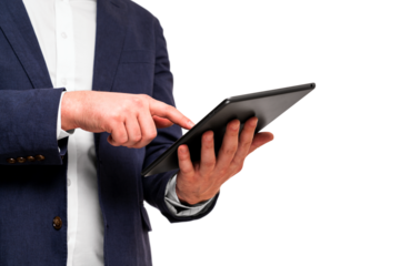 Businessman in a suit using a digital tablet, photographed closeup with a white background, concept of technology in business