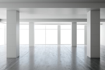 An empty interior space with white columns, large windows, and a glossy floor, set against a light background, concept of minimalist architecture. 3D Rendering