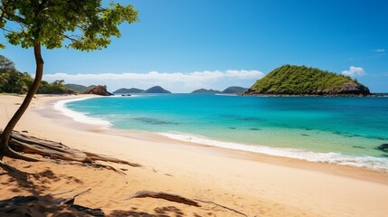 Tropical Beach With Clear Blue Water And Sandy Shoreline Surrounded By Lush Green Hills And Islands. Generative AI