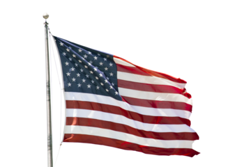 An American flag waving, isolated on a white background, depicting the concept of patriotism and national pride