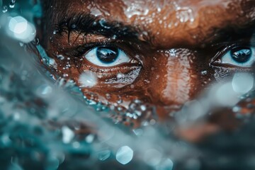 Close-up of a man's eyes underwater, with water droplets on his skin.