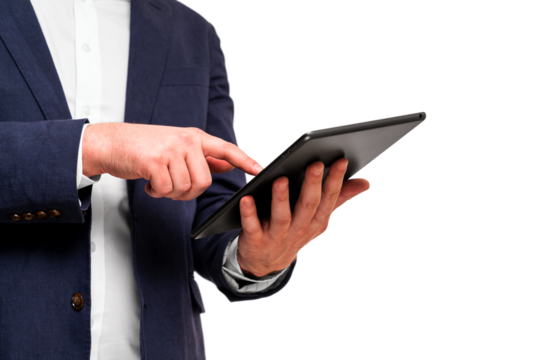 Businessman in a suit using a digital tablet, photographed closeup with a white background, concept of technology in business