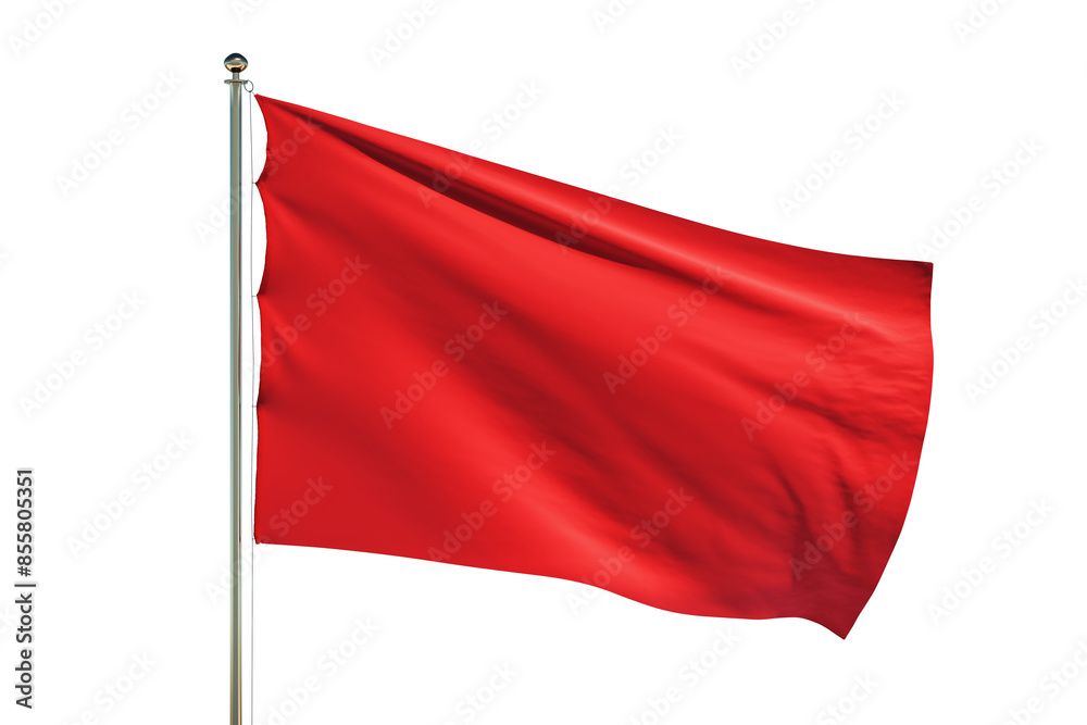 Poster a red flag waving on a plain white background, symbolizing concepts such as signal, nationalism, or 