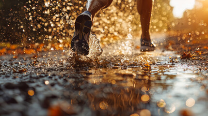 Athlete running through water puddles during sunrise