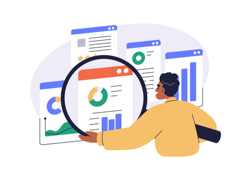 Data analyst. Business analysis, graph and charts analytics, statistics concept. Digital performance monitoring and analyzing with magnifier. Flat vector illustration isolated on white background