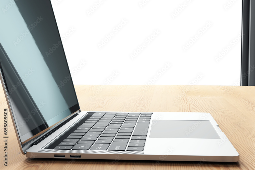 Aufkleber Side view of an open laptop on a wooden surface against a white background, technology and workspace concept. 3D Rendering