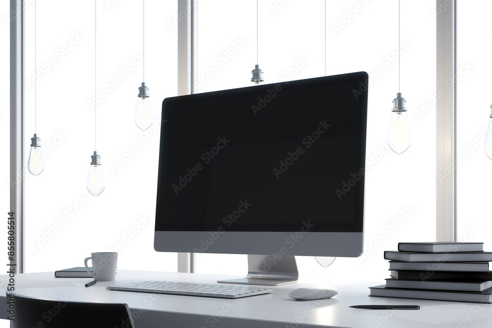 Poster A modern workspace with an empty computer monitor, keyboard, mouse, and stacked books on a desk, with hanging light bulbs and window background. 3D Rendering