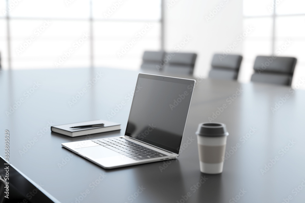 Poster laptop on a boardroom table with notebooks and a coffee cup, in a clean modern office setting, conce