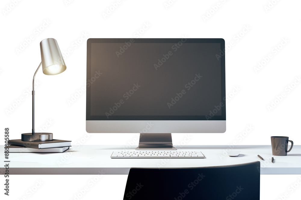 Poster Modern workspace with computer monitor, desk lamp, keyboard, and coffee cup on a white table with a white background, concept of a clean design office. 3D Rendering