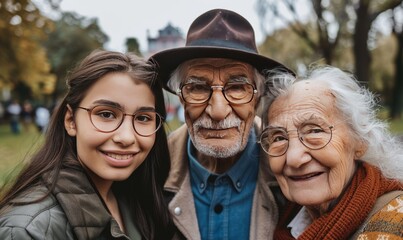 Fototapeta premium an older woman with glasses and a young woman smiling at the camera in a park setting, with an elderly man in a hat in the middle