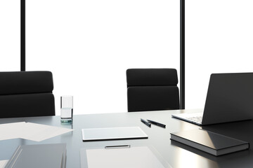 Modern office desk setup with a laptop, notebooks, pen, and glass of water, on a white background, concept of a clean workspace. 3D Rendering