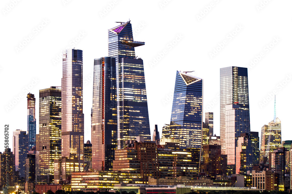 Poster a photograph of the manhattan skyline during twilight with illuminated buildings against a dusk sky
